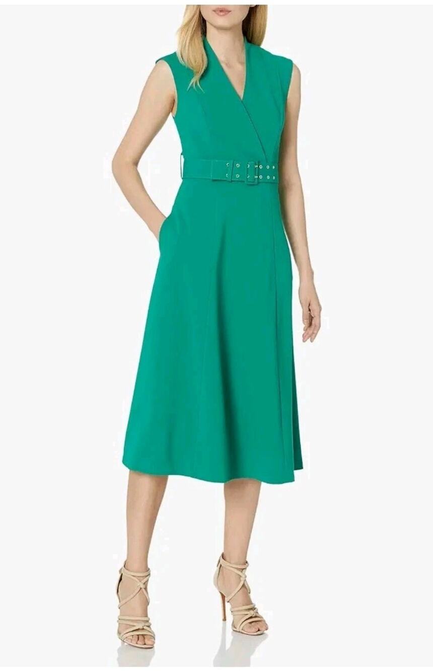 NWT Calvin Klein Sleeveless Midi A-Line Dress Kelly Green Belted Back zip Sz 12